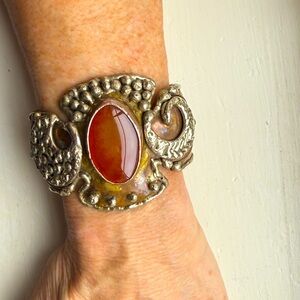 Cuff Bracelet Brutalist Style Carnelian stone, Copper Silver Brass Luciano Style